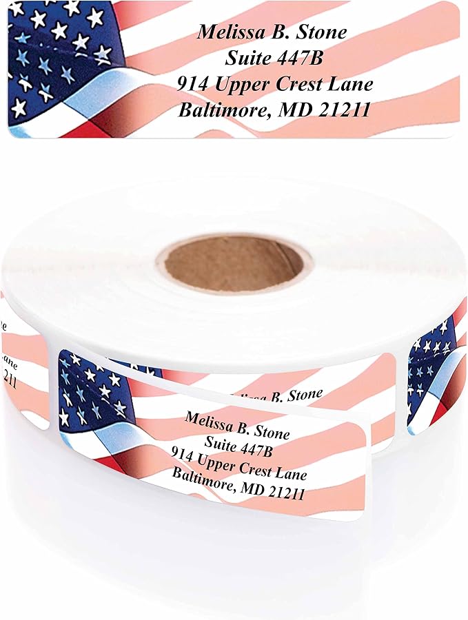 Proudly American Flag Personalized Return Address Labels with Elegant Dispenser - Roll of 500 Custom USA Stickers