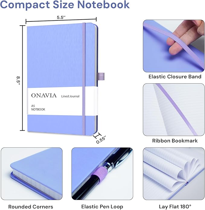 ONAVIA A5 Notebooks for Work, Lined Journal, 160 Pages, Cornflower | 80 Sheets, 5.8 x 8.3 in, Lay Flat, College Ruled, A5 Hardcover Journal, Lined Notebook for Work, School, Note Taking