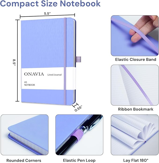 ONAVIA A5 Notebooks for Work, Lined Journal, 3 Pack, 160 Pages, Cornflower | 80 Sheets, 5.8 x 8.3 in, Lay Flat, College Ruled, A5 Hardcover Journal, Lined Notebook for Work, School, Note Taking