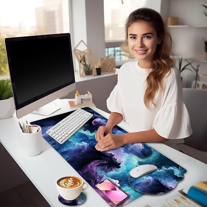 LIMKRIAN Galaxy Mouse Pad Large Desk Matt for Desktop, 4 in1 XXL Mousepad | Ergonomic Mouse Pad with Gel Wrist Rest, Gaming Mousepad Wrist Support, Keyboard Mat, Coaster, Office Desk Decor Accessories