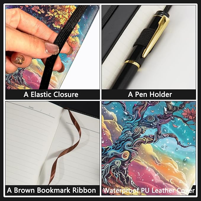 A5 Leather Lined Journal Notebook, 200 Pages Hardcover Executive Notebook for Men Women Office School Note Taking, Thick Writing Paper Daily Journal with Bookmarks/Indexes, Tree of Life