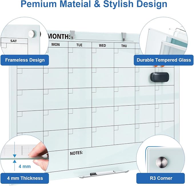 Glass Dry Erase Calendar for Wall, 48 x 36 Inches Magnetic Glass Monthly Calendar Whiteboard, 4' x 3' Frameless Planner Board for Office, Home, School
