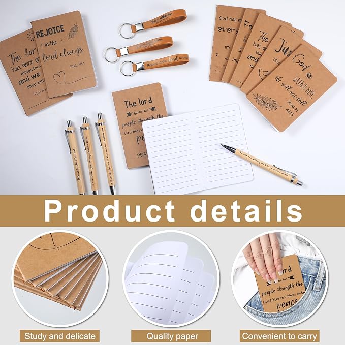 PerKoop 48 Pcs Christian Party Favors 3 x 5 Inch Religious Notepads Pens Bible Verse Keychains Bulk Jesus Loves You Gifts for Church Sunday School Office Supplies