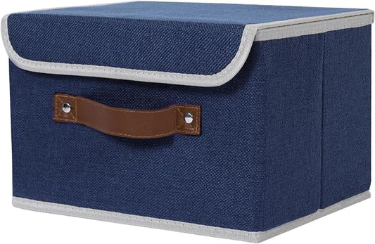 ANMINY Storage Bin with Lid Storage Boxes with PU Leather Handles PP Plastic Board Decorative Foldable Lidded Cotton Linen Fabric Home Cubes Baskets Closet Organizer Container - Blue, Medium