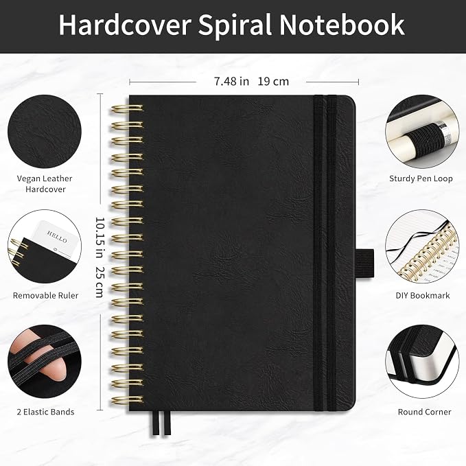EMSHOI Lined Spiral Journal Notebook, 300 Numbered Pages, B5 (7.4"x10") | College Ruled, Leather Hardcover, 100 GSM Thick Paper, for School, Writing, Work, Office & Journaling (Black)