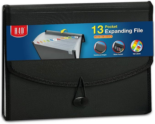 H4D 13-Pocket Accordion File Organizer, Expanding File Folder, Black | Extra Back Mesh Pocket, Letter Size Paper, Pre-Printed and Customizable Labels, Expandable Document Organizer