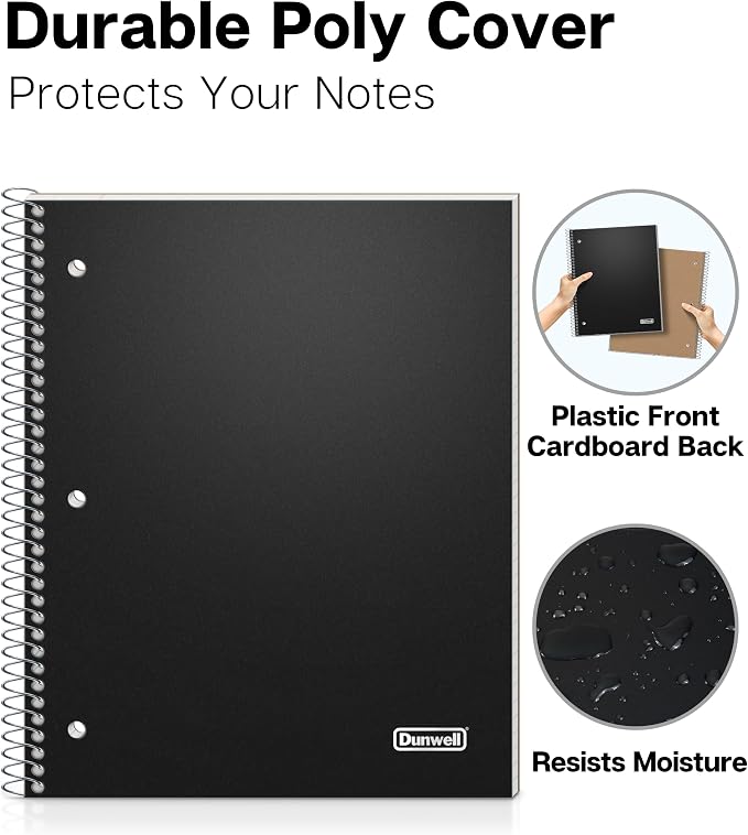 Dunwell College Ruled Spiral Notebook (Black), 1 Subject Notebook 8.5 x 11 for School, Plastic Cover, Pocket Divider, 100 Sheets (200 Pages), 3-Hole Punched Perforated 8 1/2 x 11 Paper