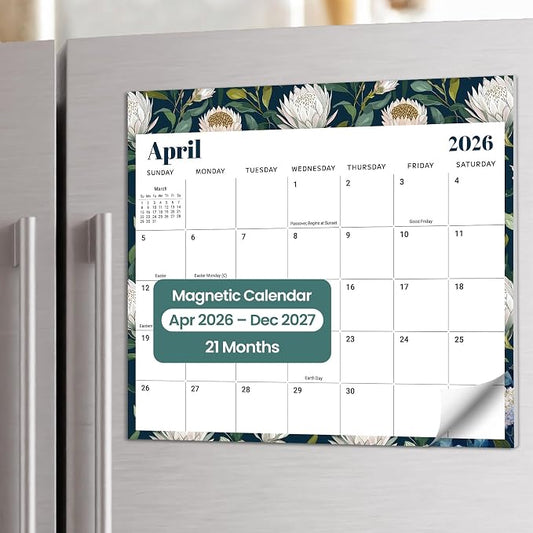Aesthetic 2026-2027 Magnetic Calendar for Refrigerator, 21-Month Fridge Calendar Magnet from April 2026 to December 2027, Easy Organizing，Floral Luxe