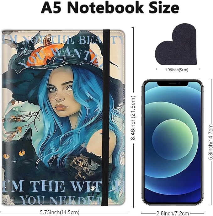 A5 Leather Lined Journal Notebook, 200 Pages Hardcover Executive Notebook for Men Women Office School Note Taking, Thick Writing Paper Daily Journal with Bookmarks/Indexes,Witch