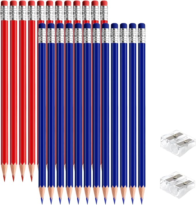 24 PCS Red and Dark Blue Pencils with Eraser, Pre-Sharpened HB Pencils for Writing & Drawing, School Supplies for Kids Homework, Tests, Art Crafts & Teacher Grading(Red Dark Blue)
