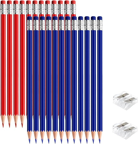 24 PCS Red and Dark Blue Pencils with Eraser, Pre-Sharpened HB Pencils for Writing & Drawing, School Supplies for Kids Homework, Tests, Art Crafts & Teacher Grading(Red Dark Blue)