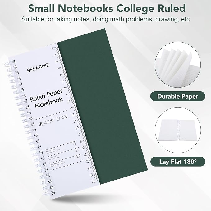 BESARME 4 Pack A5 College Ruled Spiral Notebooks, 5.7 x 8.22 Inch | 100gsm thick paper, waterproof cover, ruler insert, twin-wire binding, 160 pages each, for school or work