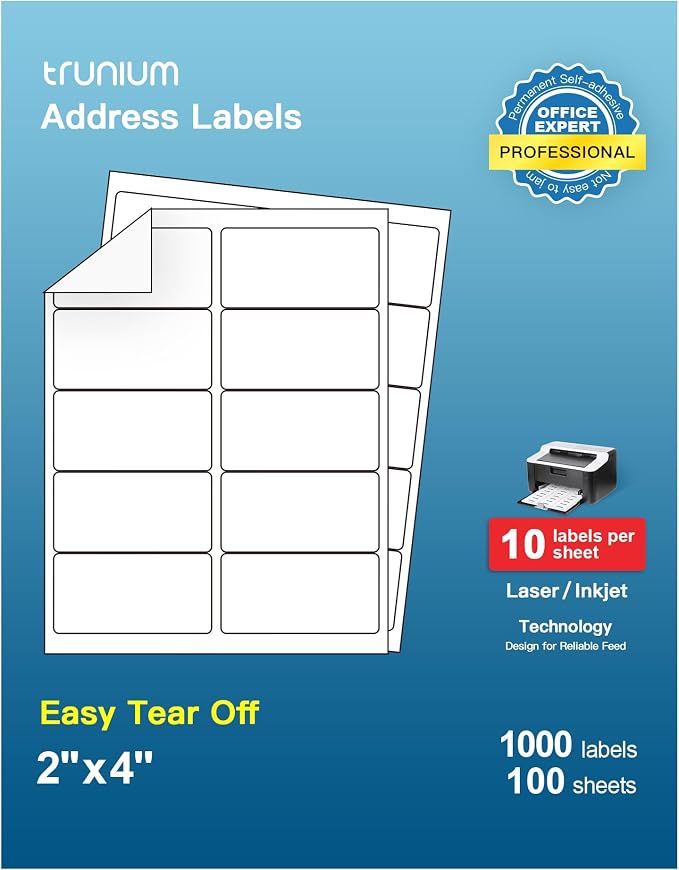 Shipping Address Labels, 2" x 4" Address Labels for Laser & Inkjet Printers, Mailing Labels for 5163, 8163, 5263, Strong Adhesive for FBA Label, Easy to Peel (100 Sheets, 1000 Labels)
