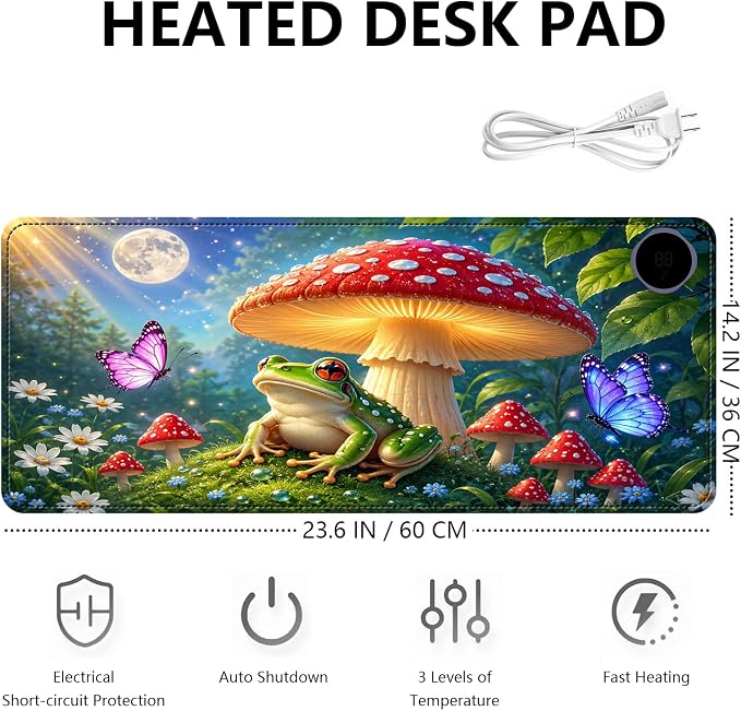 Large Heated Mouse Pad–23.6" x 14.2" Desk Mat for Office | 3 Adjustable Heat Levels,Auto Shut-Off After 3 Hours for Safety,Keeps Hands Warm While Working，Mushroom Frog