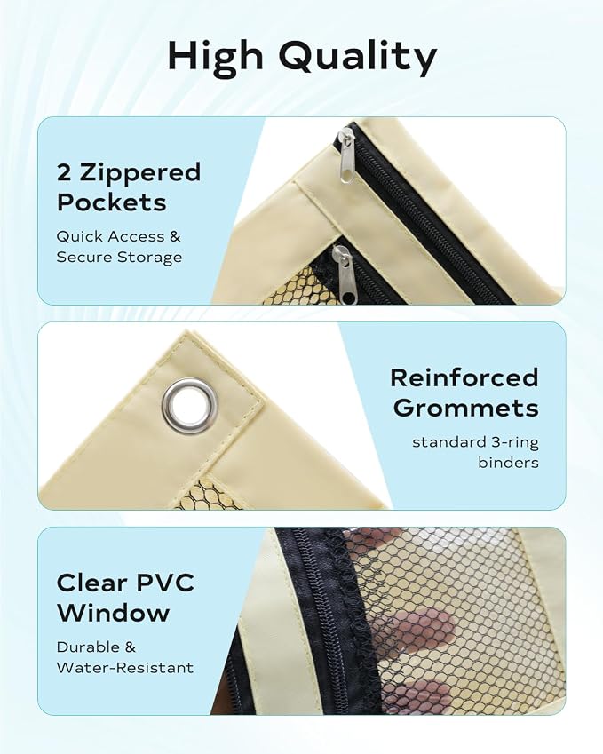 Pencil Pouch for 3 Ring Binder - 3 Hole Zipper Pen Case Bag Holder Bulk Accessories Clear Window Aesthetic Organizer Pockets