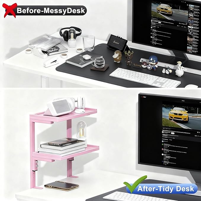 Spacrea Clamp on Desk Shelf, 2 Tier Office Desk Shelves Organizer, Wood Desktop Supplies Storage Rack, Desk Organizers and Accessories (Pink)
