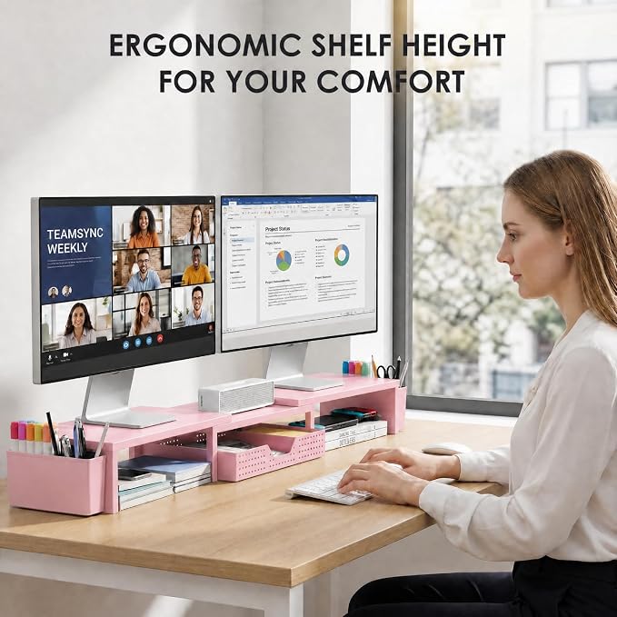 OPNICE Desk Organizers and Accessories, Dual Monitor Stand Riser with Drawer and 2 Pen Holders, Desk Shelf Wood Computer Racks for Office Workspace Organizers, Desktop Organization (Pink Wood)