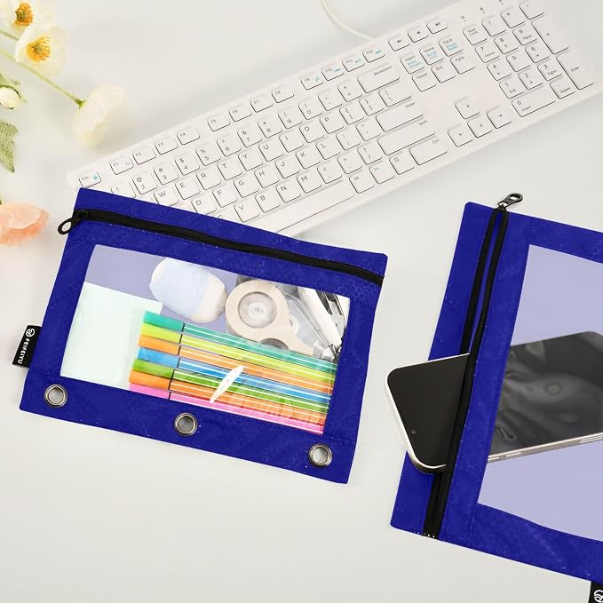Gredecor Binder Pencil Pouch 3 Ring Navy Blue Zipper Pencil Pouches Case 2 Pack Clear Binder Organizer for School Office