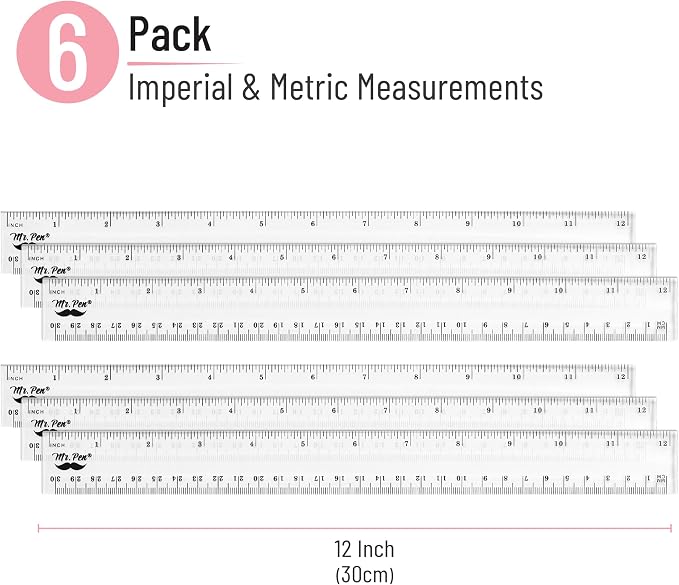 Mr. Pen- Bulk Plastic Rulers, 12 Inch, 6 Pack, Easy-to-Read Markings | Scratch-Resistant Design, Durable Clear Ruler for Crafting Office & School, School Supplies, Bulk Rulers Set, Measuring Tools