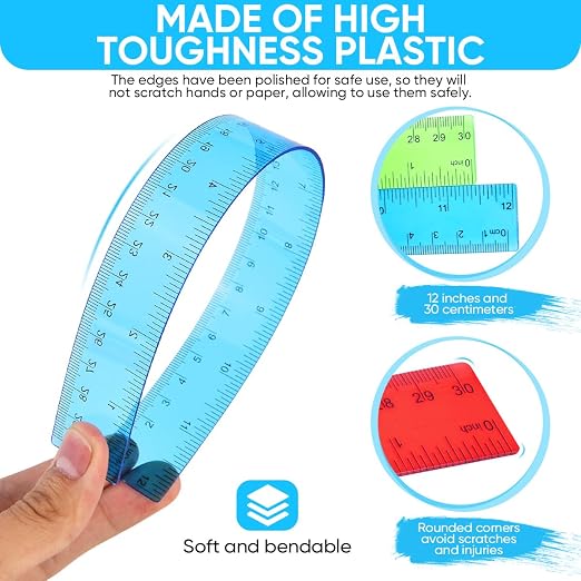 SenseYo 16 Pcs Clear Plastic Rulers 12 Inch Color Transparent Ruler with Centimeters and Inches for Kids Classroom Office Supplies