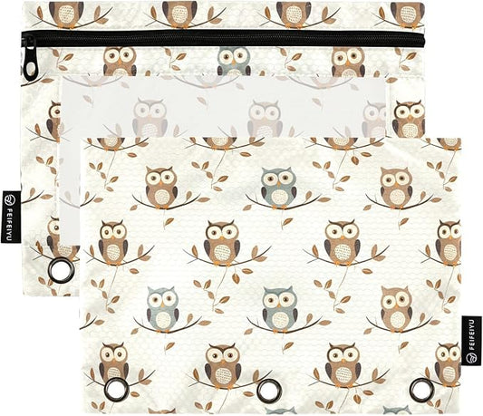 Owl Forest Little Animal Pencil Pouch for 3 Ring Binder 2 Pack Zipper Binder Pencil Bag Case with Clear Window Office Supplies