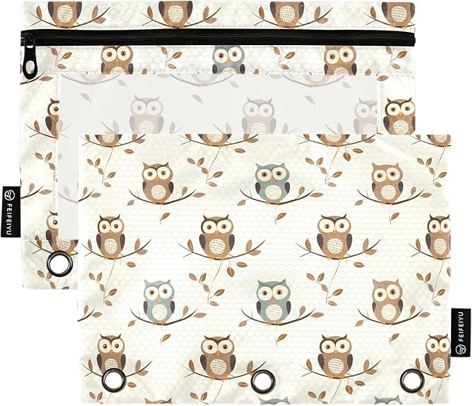 Owl Forest Little Animal Pencil Pouch for 3 Ring Binder 2 Pack Zipper Binder Pencil Bag Case with Clear Window Office Supplies