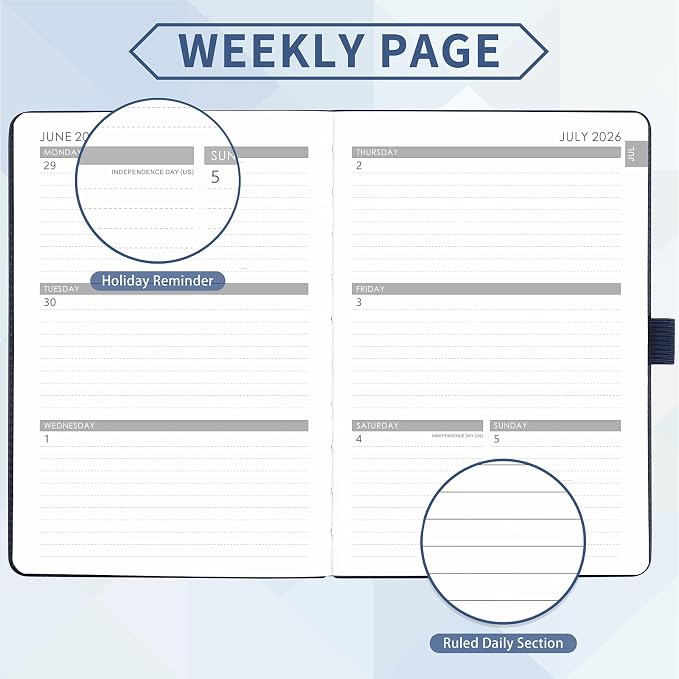 2026-2027 Planner - Academic Planner 2026-2027 Weekly Monthly Planner, July 2026 - June 2027, 5.7'' x 8.4'', Thick Paper, Leather Cover, Pen Holder, Back Pocket, Perfect Daily Organizer - Navy Blue
