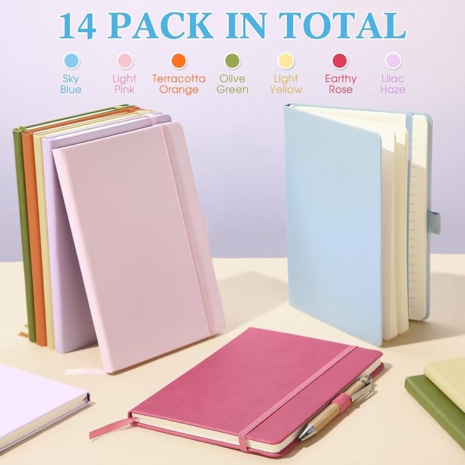 Laumoi 14 Pack Hardcover Journal Notebooks Bulk A5/A4/B5 Journaling Notebook Wide Ruled PU Leather Ruled Lined Journals with Pen Holder for School Business Work Writing (Elegant Color,A5)