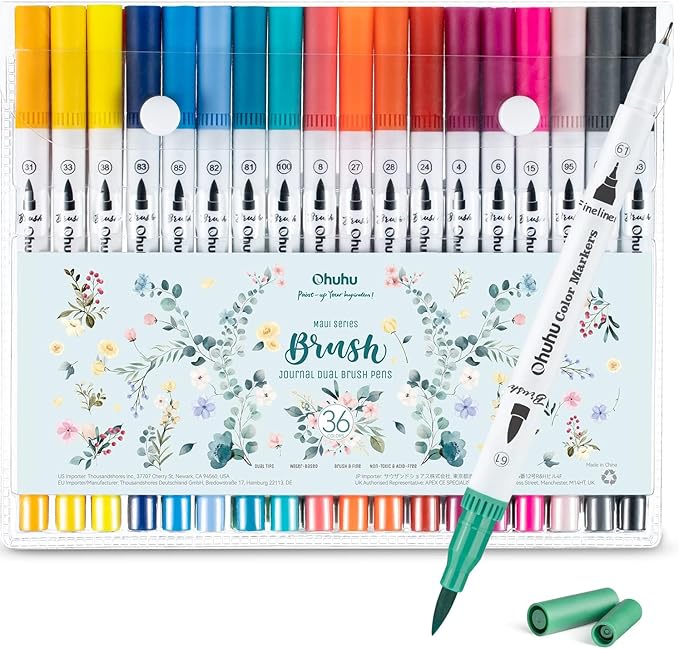 Ohuhu Adult Coloring Book Markers 36 Colors Dual Tip Water-Based-Maui-White | No Bleed Coloring Markers Fineliner & Brush Drawing Pens Art Pens for Kids Adults Sketch Journal
