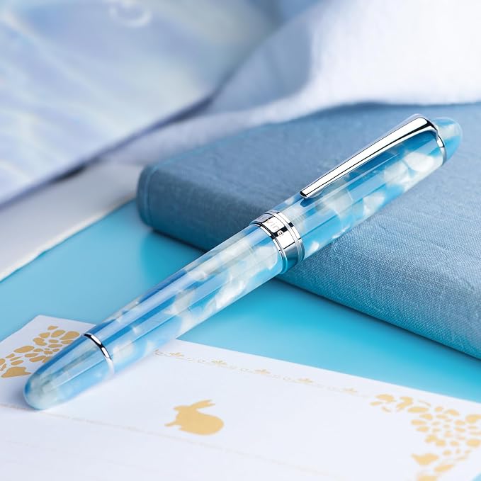 Asvine P50 Piston Fountain Pen Bock Fine Nib Sky Blue Resin, Silver Trim Smooth Writer Collection with Pen Case Gift Set