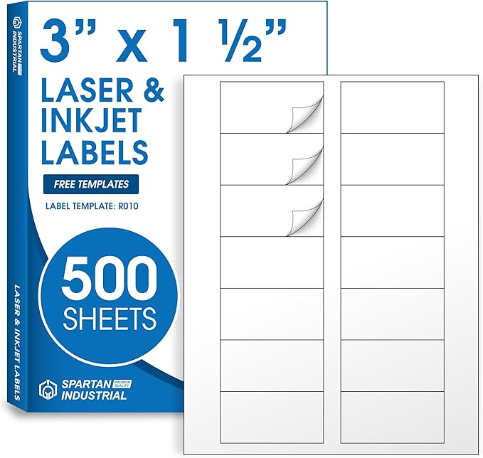 3" X 1.5" Matte White Printable Address Labels (500 Sheets, 7000 Stickers) | Mailing Labels and Product Packaging Stickers for Laser & Inkjet Printers - Spartan Industrial Template R010