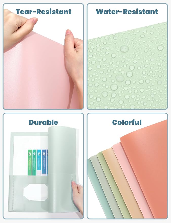 SUNEE Folders with Pockets (6 Pack, Vintage Colors), Plastic Folders with Pocket, Poly Folder for Documents Letter Size, 2 Pocket Folder for Kids, Home, School, Office