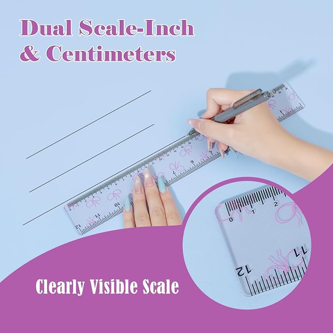 BAYTORY 4Pcs Transparent Acrylic Ruler 12 Inch, Plastic Straight Rulers | Shatterproof Student Stationery Centimeters with Inches, for Classroom Essentials School Supplies (Bowknot 12 Inch)