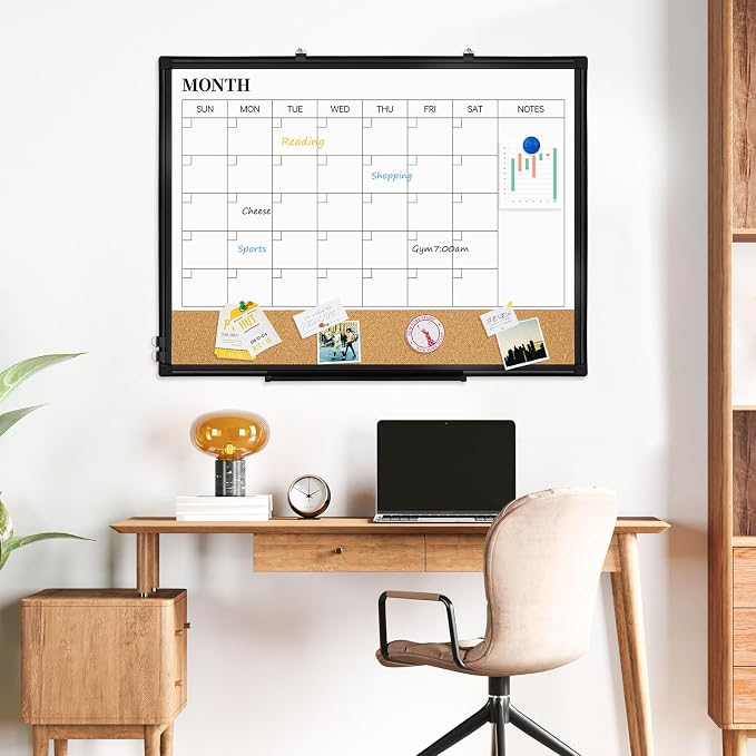 Monthly Dry Erase Calendar Whiteboard with Corkboard, 36" x 24", Black | Magnetic, White Board Cork Board Combo, Double Sided, Wall Mounted, Aluminum Frame, for Home, Office, Kitchen, Dorm