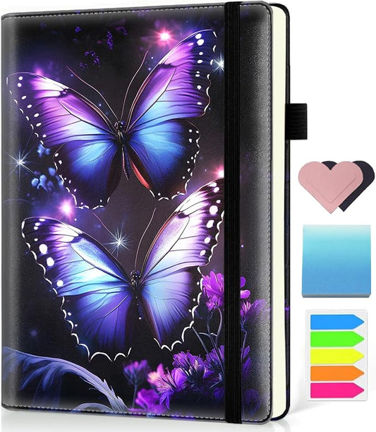 Hardcover Executive Notebooks, A5 PU Leather Lined Journal Notebook, 200 Pages Thick Paper Subject Notebooks for School,Work,Home Writing Business Notebook, Diary Book ，Purple Butterfly