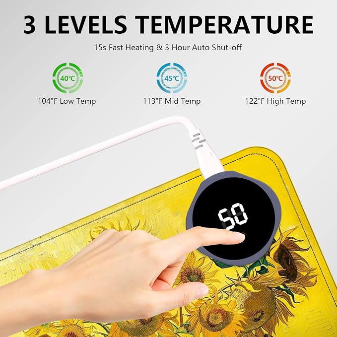 Heated Mouse Pad with 3 Levels Heated & 3 Hours Auto Shut-Off Mouse Pad for Warming Hands in Office Home, 23.6" x 14.2"Large Safe Desk Mat Hand Warmer，Sunflowers