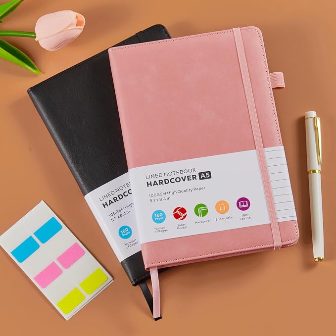 FOCUS DAY Lined Notebook Journals for Women/Men Work, 2 Pack Hardcover Leather Journal Note Book with 100GSM Thick Paper, Notebooks for Office School Supplies, A5 (5.7"x8.4"), Pink & Black