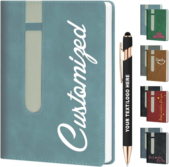 ENOMY Personalized A5 Notebook Set 240 Lined Pages Custom Notebook with 10 PC Pens PU Leather Journal Cover to Business Gift College Birthday Corporate Men & Women, Light Blue