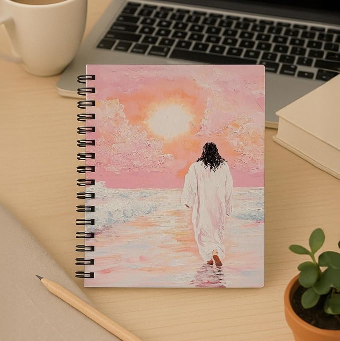 bitCNY Spiral Notebook 8.3 x 5.5 Inches, Jesus Walking on Water Painting Cover, Christian Art Journal, Lined Notebook for Devotion and Daily Writing