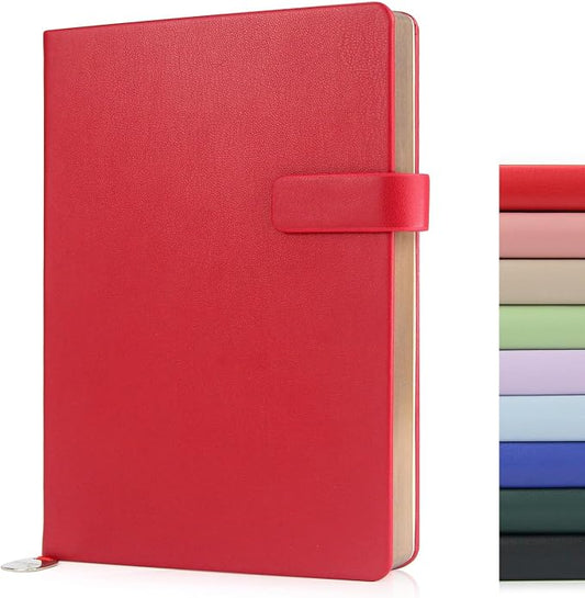 Hardcover Leather Journal Notebook A5 Lined 212 Pages 5x8.25 Inches Gold Edged Pages with Strap Closure Travel Work School Writing Journaling Notebooks for Women Men Gift Box Packaging Red