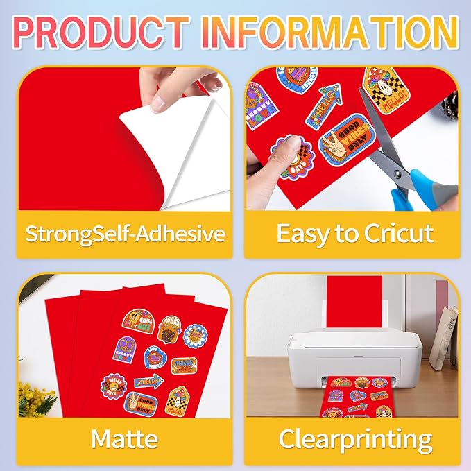 Matte Red Printable Sticker Paper, 25 Sheets Printable Sticker Paper, Laser/Inkjet Printing- Letter Size (8.5" x 11")