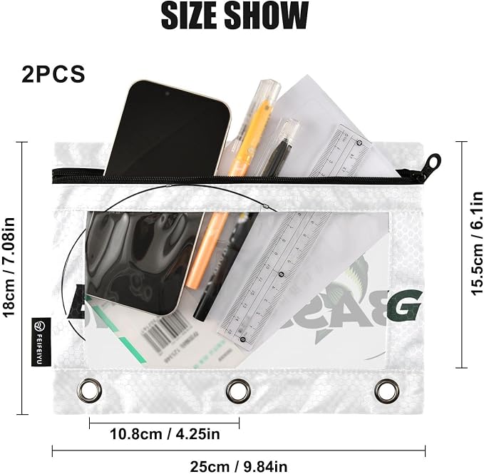 Gredecor Binder Pencil Pouch 3 Ring Largemouth Bass Fishing Zipper Pencil Pouches Case 2 Pack Clear Binder Organizer for School Office