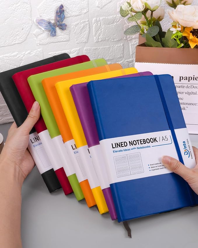 Dynta Hardcover Journal Notebooks, 7Packs A5 Lined Journals Bulk for Writing 200 Pages/100Sheets, 8.4 x 5.8 inch, 7 Colors Classic Ruled Notebook for Work/Travel/College/Note Taking