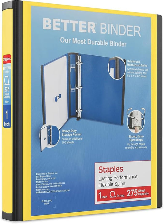 Staples Better View 1-Inch D-Ring Binder, Yellow – Durable 3-Ring Binder with Clear Overlay for School & Office