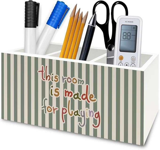 Kids Playroom Pen Pencil Holder Organizer for Desk, This Room Is Made for Playing Sage Green Striped Wooden Box Signs Decorations for Kids Nursery Room Bedroom Playroom Desk Tabletop