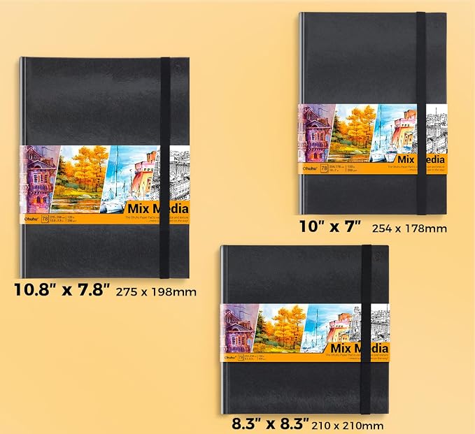 Ohuhu Mix Media Pad, 10" x 7" Mixed Media Art Sketchbook, 120 LB/200 GSM Heavyweight Papers, 78 Sheets/156 Pages, PU Hardcover Mixed Media Paper Pad for Acrylic, Painting Christmas Gift