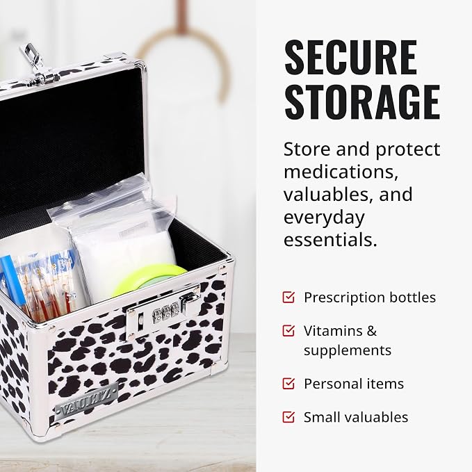 Vaultz Locking Medicine Box with Combination Lock - Secure Metal Lock Box Safe for Medication, Pills & Valuables, Small Lockbox with Code, Portable Storage Case, Leopard | Metal lock box, storage case for medication and small valuables, 3-digit combina...
