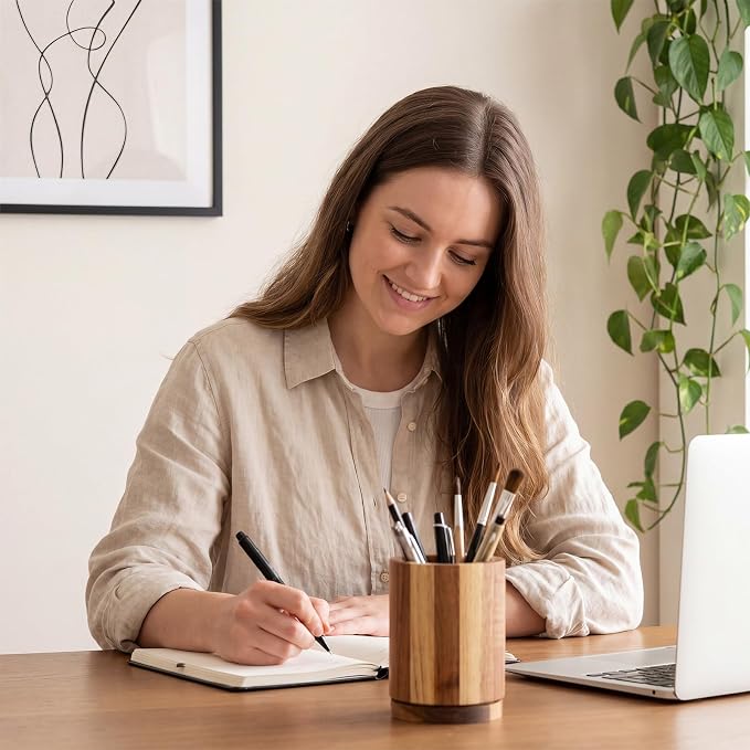 360° Rotating Pen & Pencil Holders Accessories 4.2" Acacia Wood Desktop Pencil Holder Containers Farmhouse Stationery Organizer Stand for Office Table Desk Accessory
