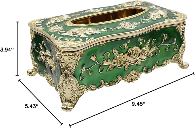 9.45"x5.43"x3.94" Luxurious Rose Tissue Box with Imitation Diamonds, Embossed Flowers, Elegant Tissue Paper Holders for Home Toilet Bath Hotel,Gold-Green