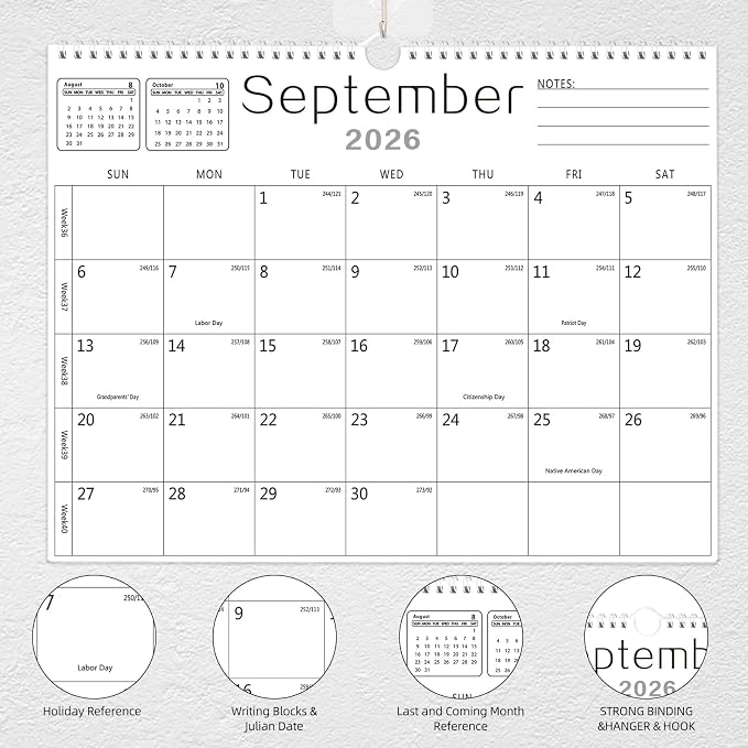 MZD8391 Calendar 2026-2027, Wall Calendar 2026-2027 From July 2026 To December 2027 18 Months, 14" x 11" Paper Calendars with Julian Date and Blank Block for New Year